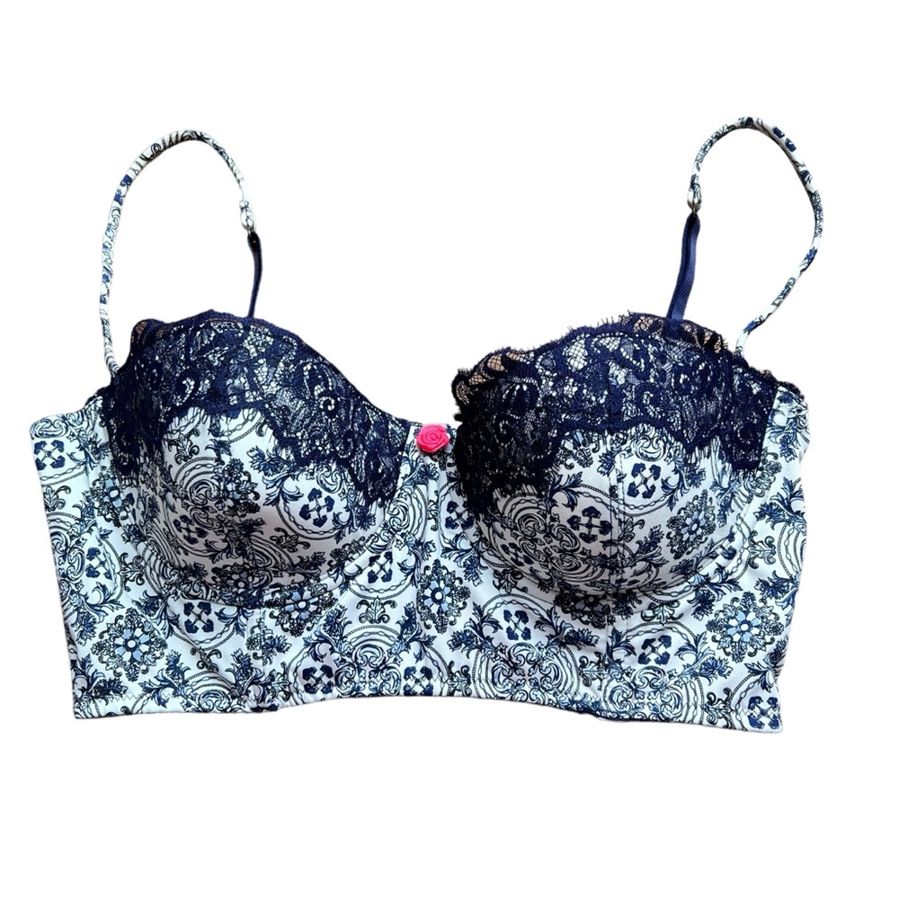 E by Eloise x Anthropologie Corset Bra, Blue & White, Size 36C, NWT